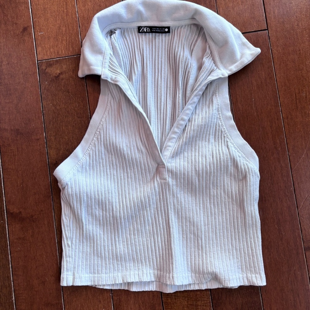 Zara Cream Ribbed Collared Crop Top - Picture 3 of 8